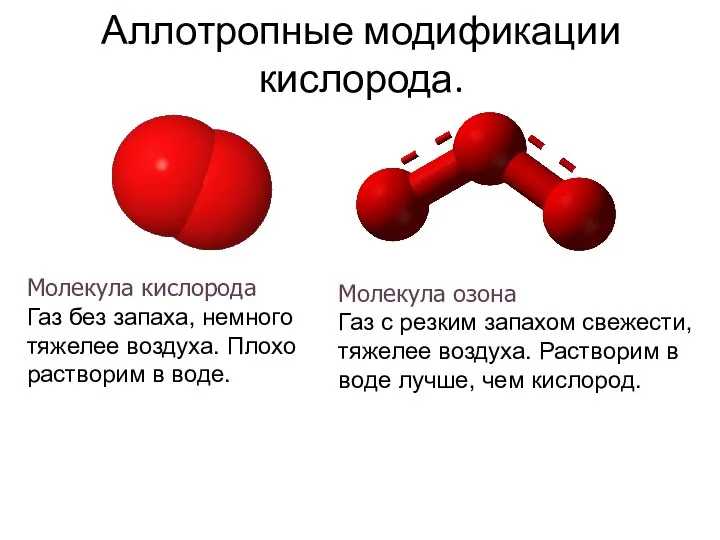 Аллотропные модификации кислорода. Молекула озона Газ с резким запахом свежести, тяжелее