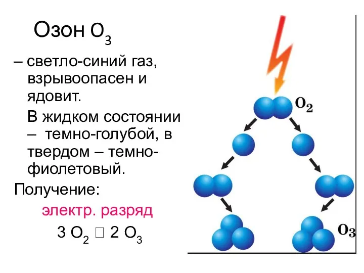 Озон O3 – светло-синий газ, взрывоопасен и ядовит. В жидком состоянии