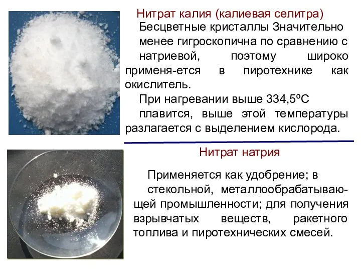 Нитрат калия (калиевая селитра) Бесцветные кристаллы Значительно менее гигроскопична по сравнению