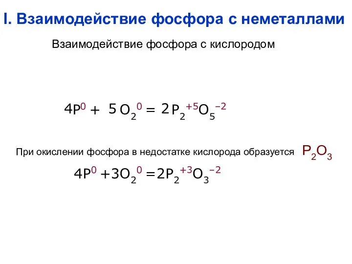 I. Взаимодействие фосфора с неметаллами P0 + O20 = P2+5O5–2 4