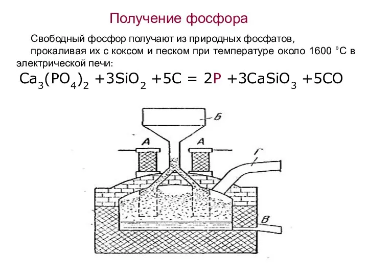 Получение фосфора Свободный фосфор получают из природных фосфатов, прокаливая их с