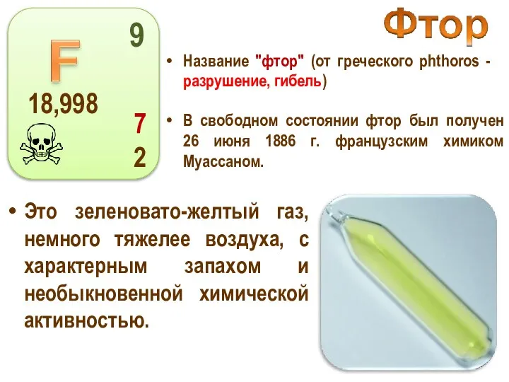 Название "фтор" (от греческого phthoros - разрушение, гибель) Это зеленовато-желтый газ,