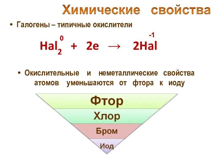 Галогены – типичные окислители Hal2 + 2e → 2Hal -1 Окислительные