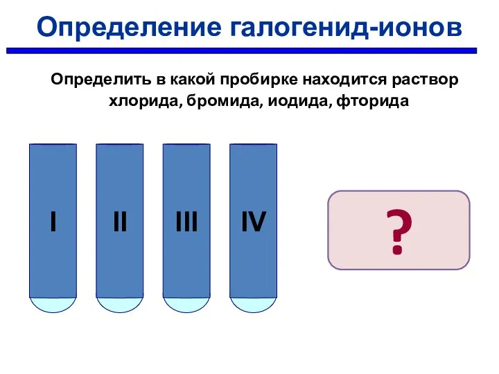 Определение галогенид-ионов Определить в какой пробирке находится раствор хлорида, бромида, иодида, фторида ?