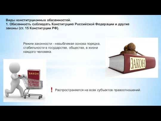 Виды конституционных обязанностей. 1. Обязанность соблюдать Конституцию Российской Федерации и другие