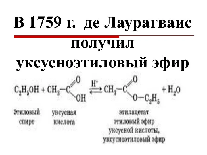 В 1759 г. де Лаурагваис получил уксусноэтиловый эфир