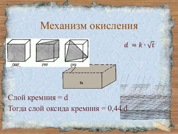 Механизм окисления Слой кремния = d Тогда слой оксида кремния = 0,44 d