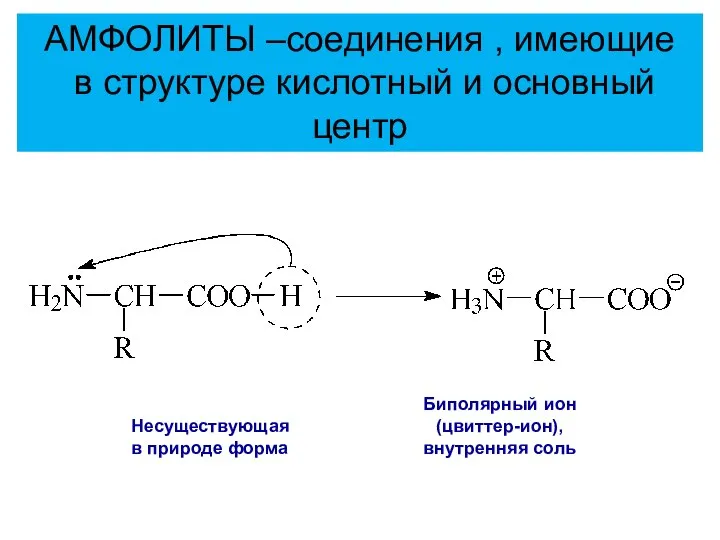 Несуществующая в природе форма Биполярный ион (цвиттер-ион), внутренняя соль АМФОЛИТЫ –соединения