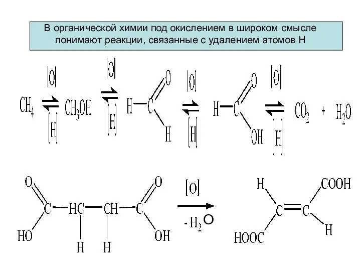 В органической химии под окислением в широком смысле понимают реакции, связанные с удалением атомов Н О