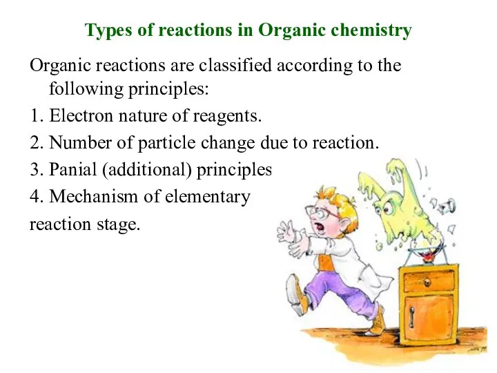Types of reactions in Organic chemistry Organic reactions are classified according
