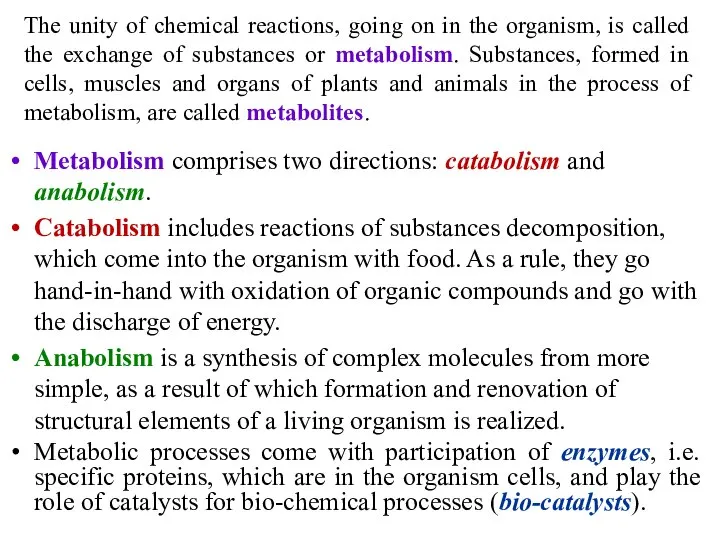 The unity of chemical reactions, going on in the organism, is