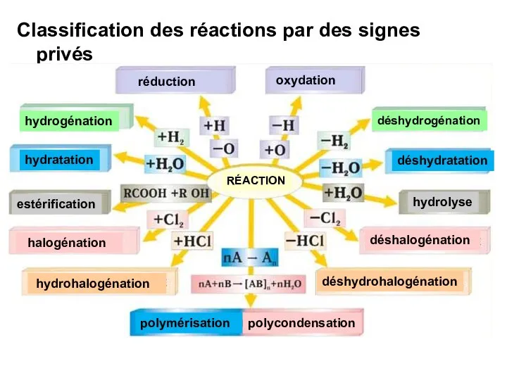 Classification des réactions par des signes privés hydratation déshydratation polymérisation hydrogénation