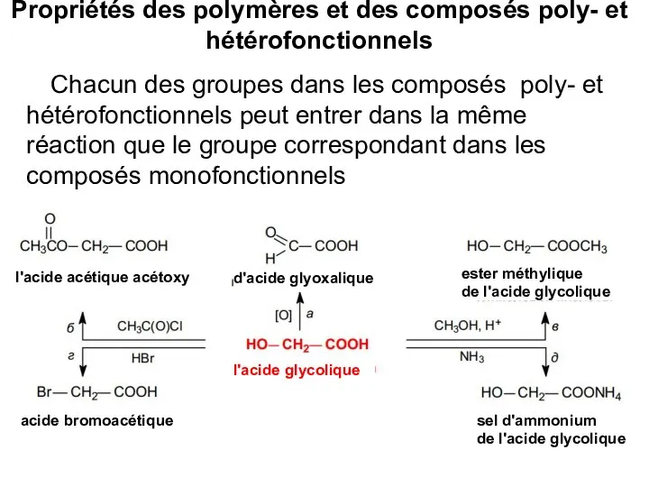 Propriétés des polymères et des composés poly- et hétérofonctionnels Chacun des