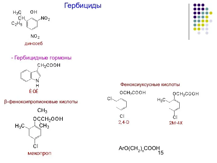 Гербициды - Гербицидные гормоны β-феноксипропионовые кислоты Феноксиуксусные кислоты ArO(CH2)nCOOH