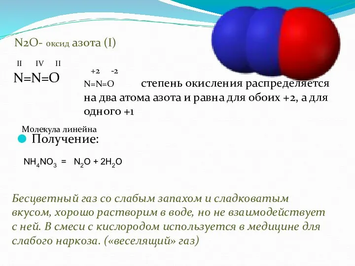 N2O- оксид азота (I) II IV II N=N=O +2 -2 N=N=O