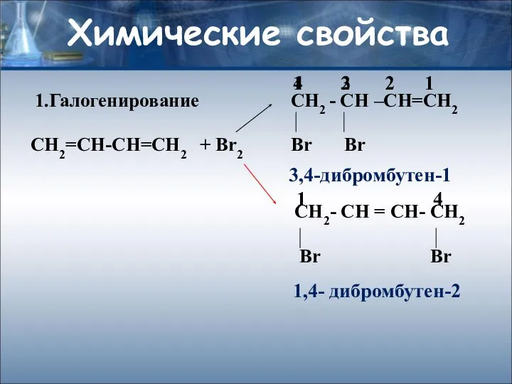 Химические свойства 1.Галогенирование СН2 - СН –СН=СН2 СН2=СН-СН=СН2 + Br2 Br