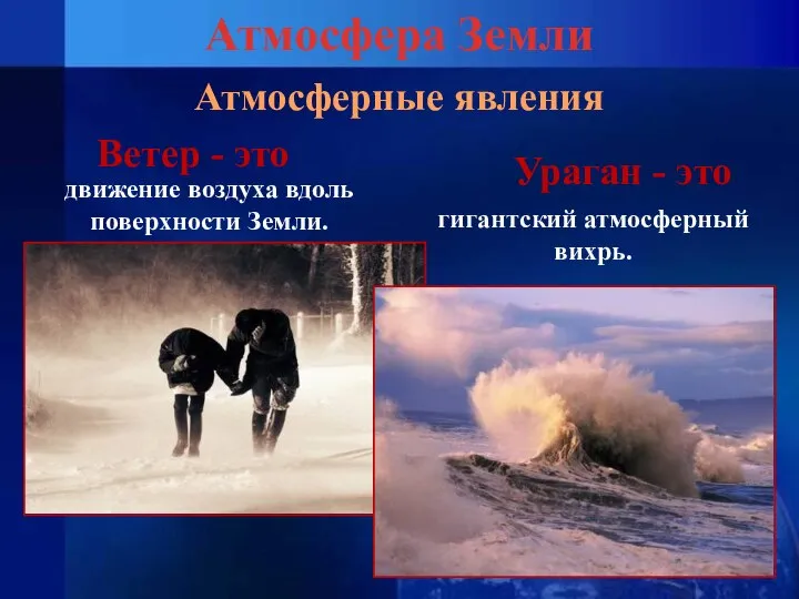 Атмосфера Земли Ветер - это движение воздуха вдоль поверхности Земли. Ураган