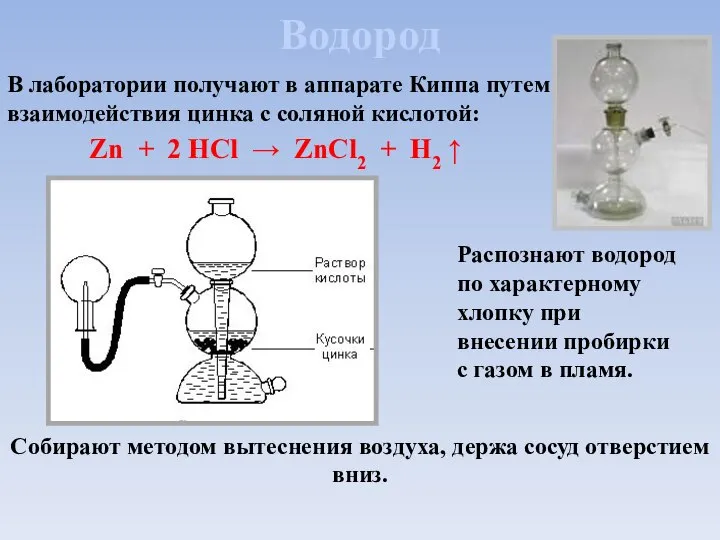 Водород В лаборатории получают в аппарате Киппа путем взаимодействия цинка с