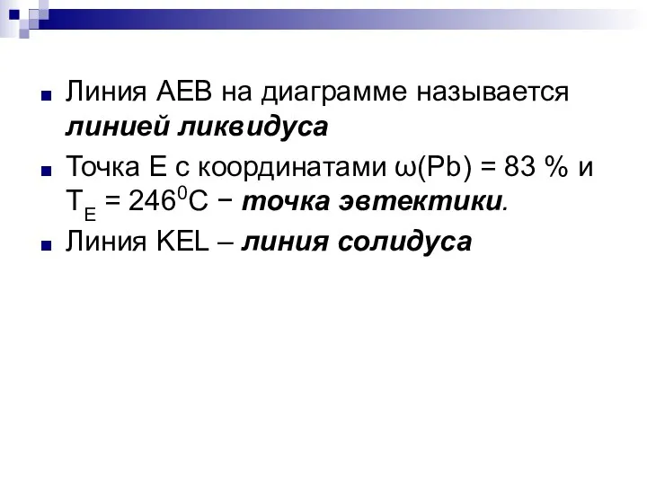 Линия AEB на диаграмме называется линией ликвидуса Точка Е с координатами