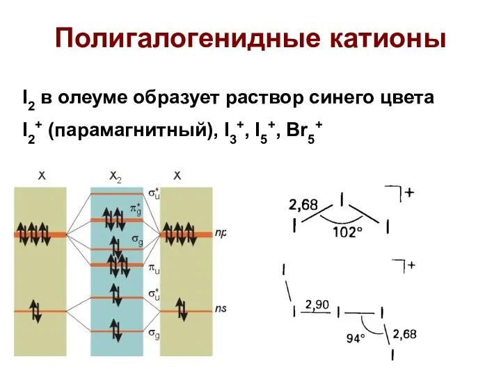 Полигалогенидные катионы I2 в олеуме образует раствор синего цвета I2+ (парамагнитный), I3+, I5+, Br5+