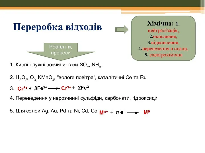 Переробка відходів Хімічна: 1.нейтралізація, 2.окислення, 3.відновлення, 4.переведення в осади, 5. електрохімічна