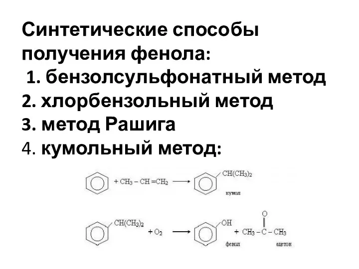 Синтетические способы получения фенола: 1. бензолсульфонатный метод 2. хлорбензольный метод 3. метод Рашига 4. кумольный метод: