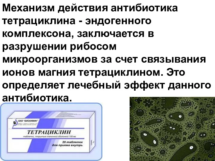 Механизм действия антибиотика тетрациклина - эндогенного комплексона, заключается в разрушении рибосом