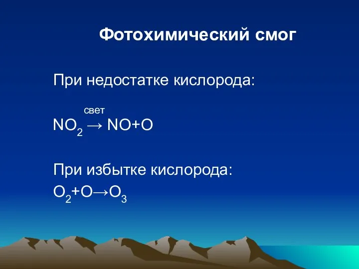 Фотохимический смог При недостатке кислорода: свет NO2 → NO+O При избытке кислорода: O2+O→O3