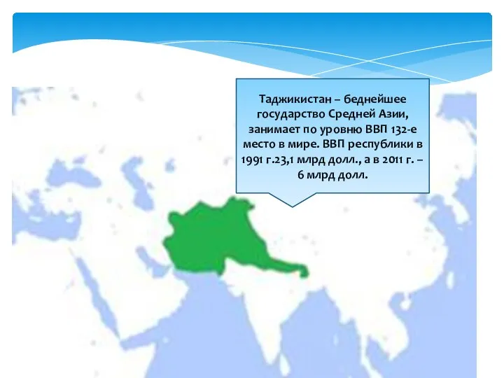 Таджикистан – беднейшее государство Средней Азии, занимает по уровню ВВП 132-е