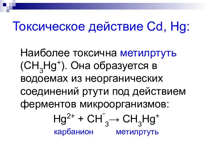 Токсическое действие Cd, Hg: Наиболее токсична метилртуть (CH3Hg+). Она образуется в