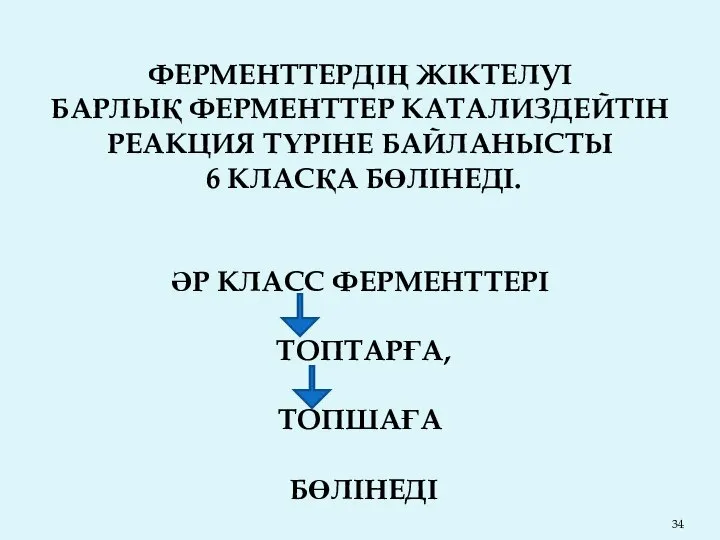 ФЕРМЕНТТЕРДІҢ ЖІКТЕЛУІ БАРЛЫҚ ФЕРМЕНТТЕР КАТАЛИЗДЕЙТІН РЕАКЦИЯ ТҮРІНЕ БАЙЛАНЫСТЫ 6 КЛАСҚА БӨЛІНЕДІ.