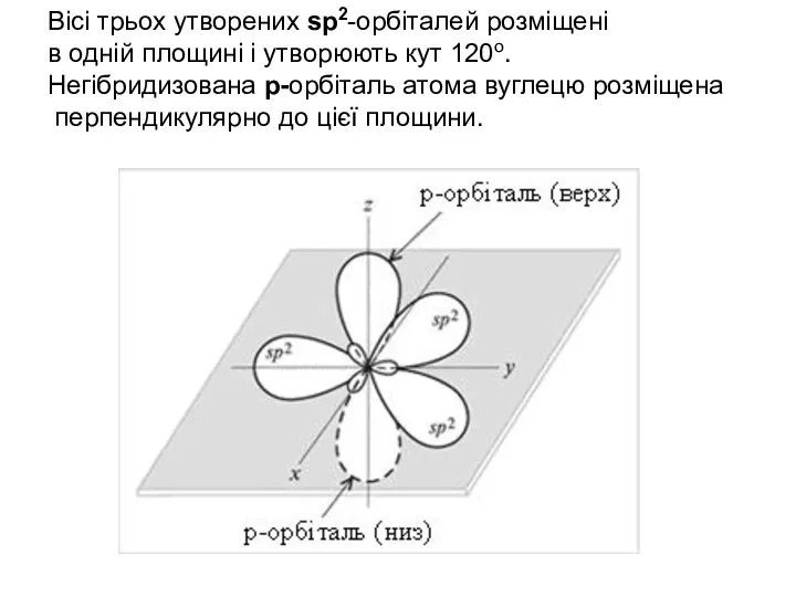 Вісі трьох утворених sр2-орбіталей розміщені в одній площині і утворюють кут