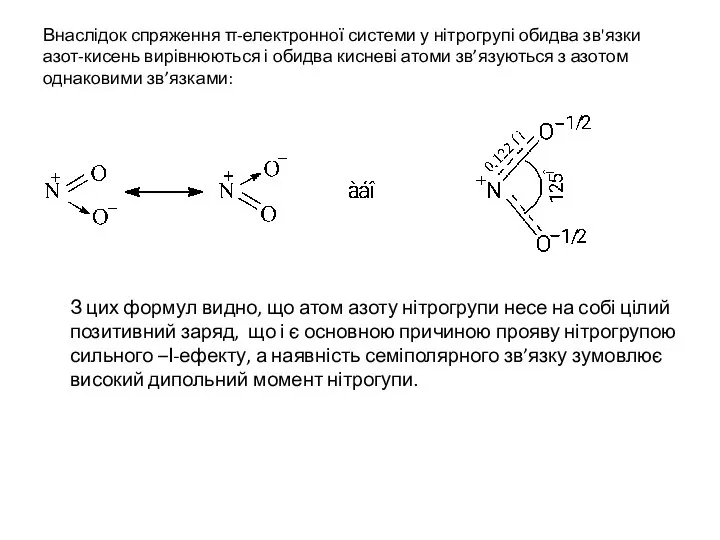 Внаслідок спряження π-електронної системи у нітрогрупі обидва зв'язки азот-кисень вирівнюються і