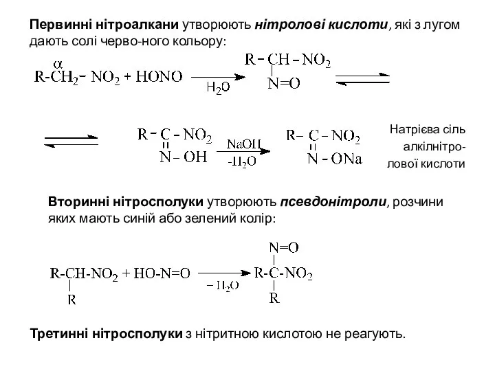 Первинні нітроалкани утворюють нітролові кислоти, які з лугом дають солі черво-ного