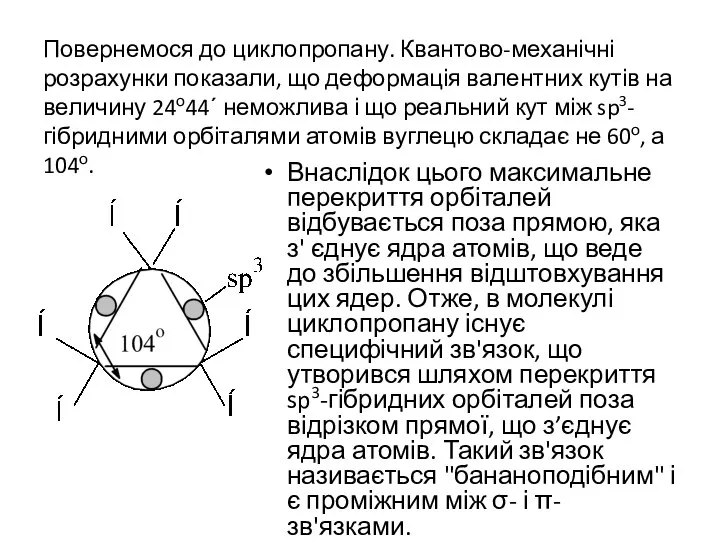 Повернемося до циклопропану. Квантово-механічні розрахунки показали, що деформація валентних кутів на