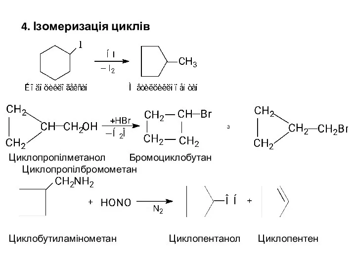 4. Ізомеризація циклів Циклопропілметанол Бромоциклобутан Циклопропілбромометан Циклобутиламінометан Циклопентанол Циклопентен