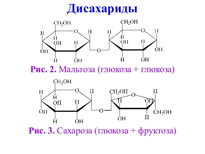 Дисахариды Рис. 2. Мальтоза (глюкоза + глюкоза) Рис. 3. Сахароза (глюкоза + фруктоза)