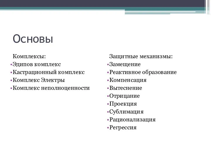 Основы Комплексы: Эдипов комплекс Кастрационный комплекс Комплекс Электры Комплекс неполноценности Защитные