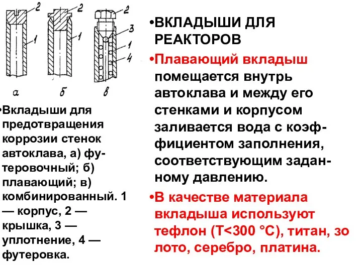 Вкладыши для предотвра­щения коррозии стенок автоклава, а) фу- теровочный; б) плавающий;