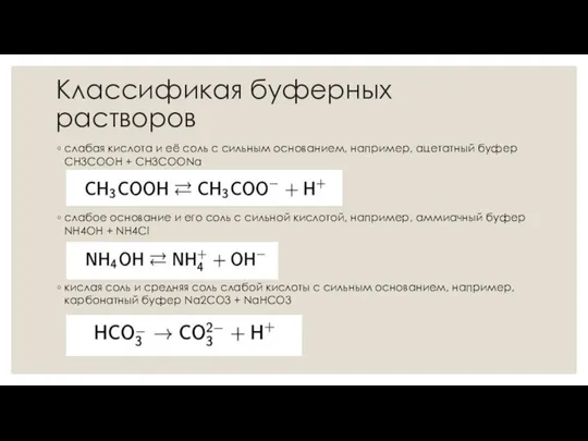 Классификая буферных растворов слабая кислота и её соль с сильным основанием,