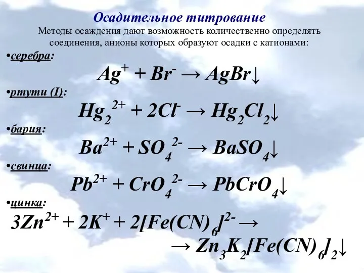 Осадительное титрование Методы осаждения дают возможность количественно определять соединения, анионы которых