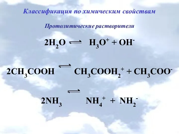 Классификация по химическим свойствам Протолитические растворители 2Н2О Н3О+ + ОН- 2СН3СООН