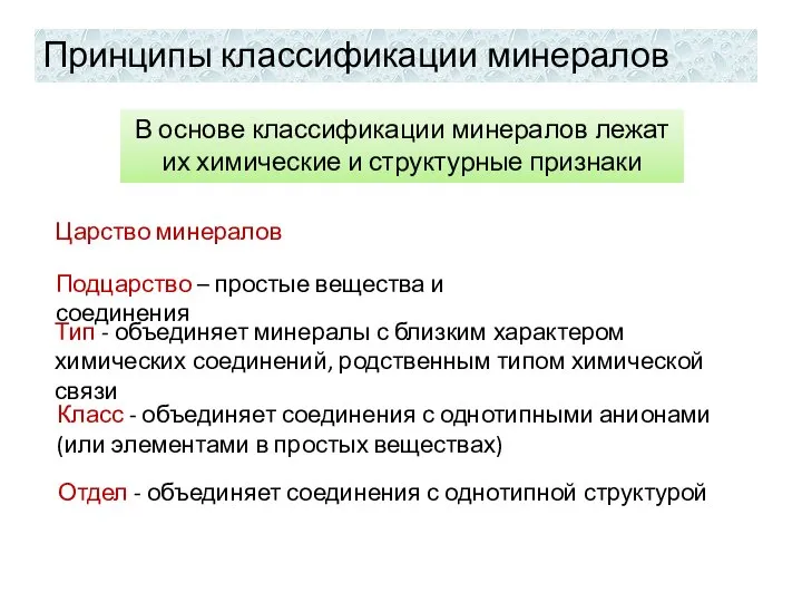 Принципы классификации минералов В основе классификации минералов лежат их химические и