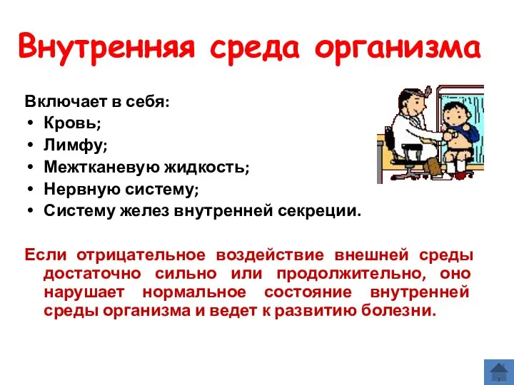 Внутренняя среда организма Включает в себя: Кровь; Лимфу; Межтканевую жидкость; Нервную