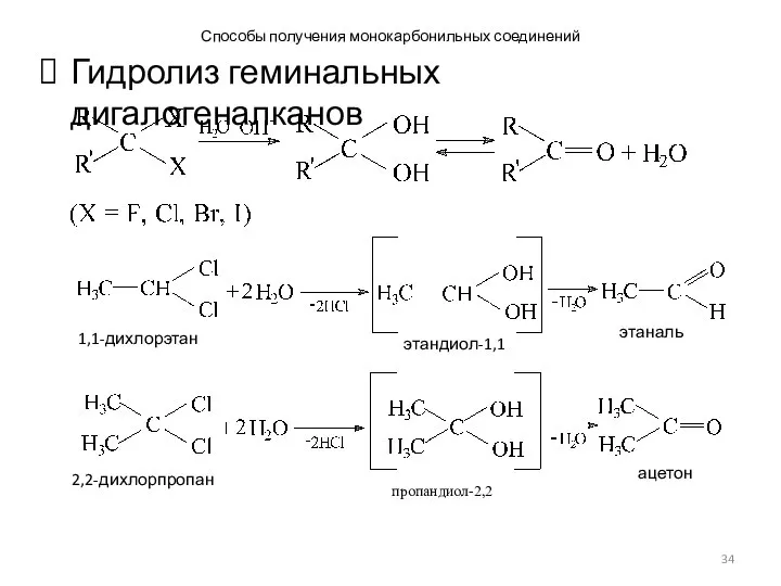 Способы получения монокарбонильных соединений Гидролиз геминальных дигалогеналканов
