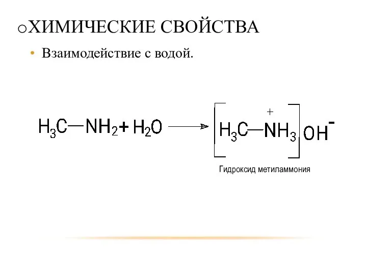 ХИМИЧЕСКИЕ СВОЙСТВА Взаимодействие с водой. Гидроксид метиламмония