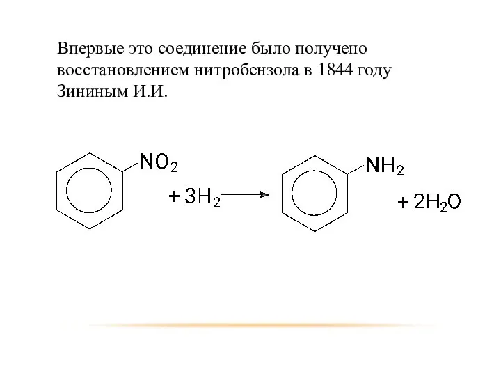 Впервые это соединение было получено восстановлением нитробензола в 1844 году Зининым И.И.