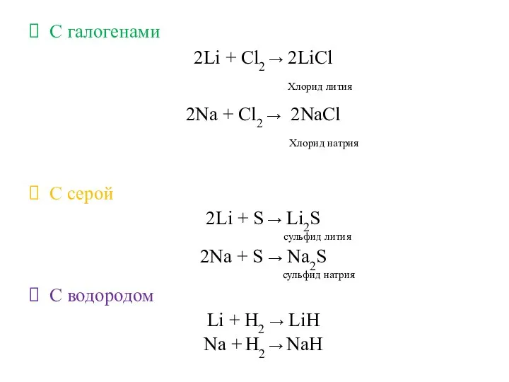 С галогенами 2Li + Cl2 → 2LiCl Хлорид лития 2Na +