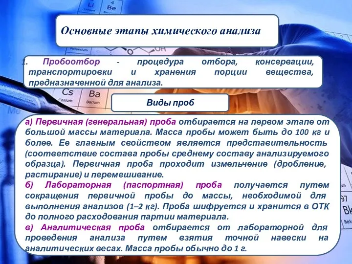 Основные этапы химического анализа Пробоотбор - процедура отбора, консервации, транспортировки и