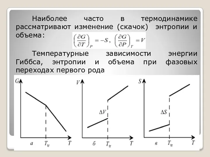 Наиболее часто в термодинамике рассматривают изменение (скачок) энтропии и объема: Температурные